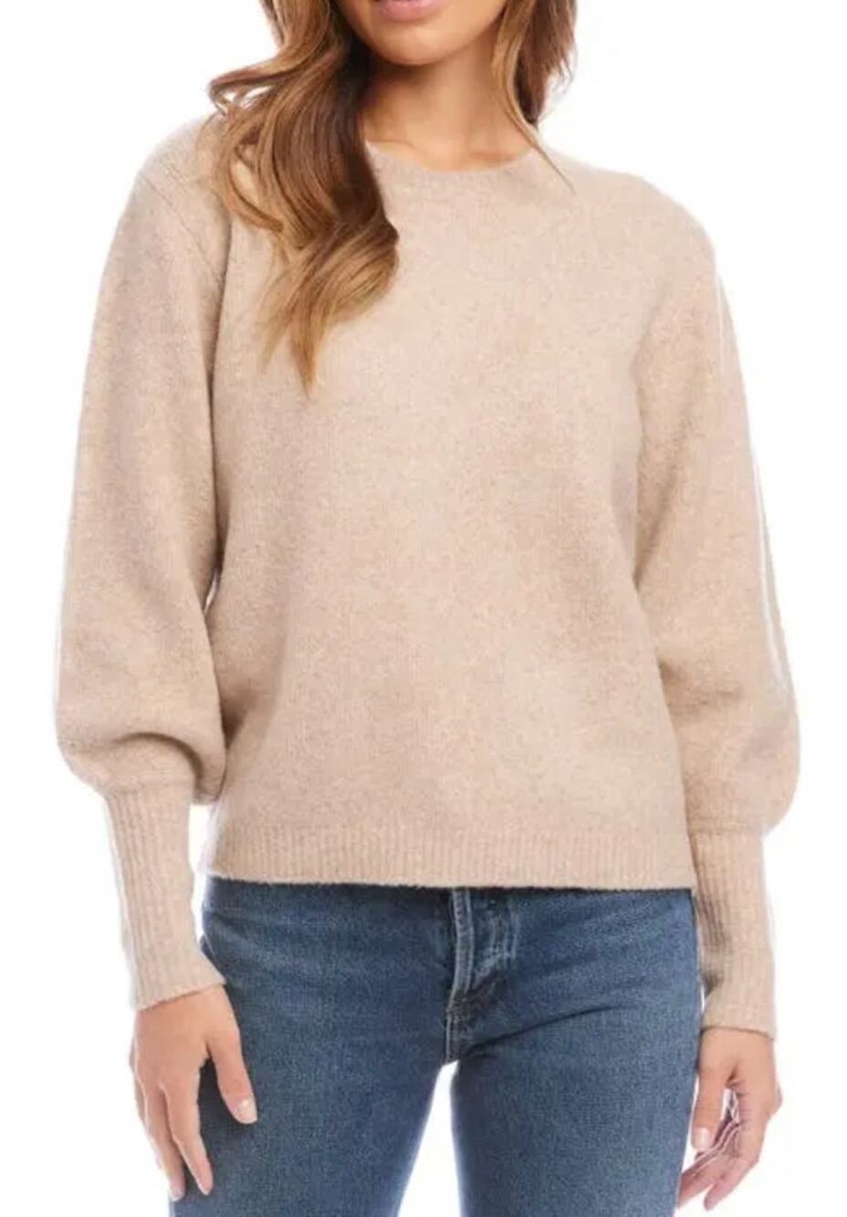 Fifteen Twenty Puff Sleeve Crewneck Sweater Ribbed Trim Wool Blend Oatmeal Small